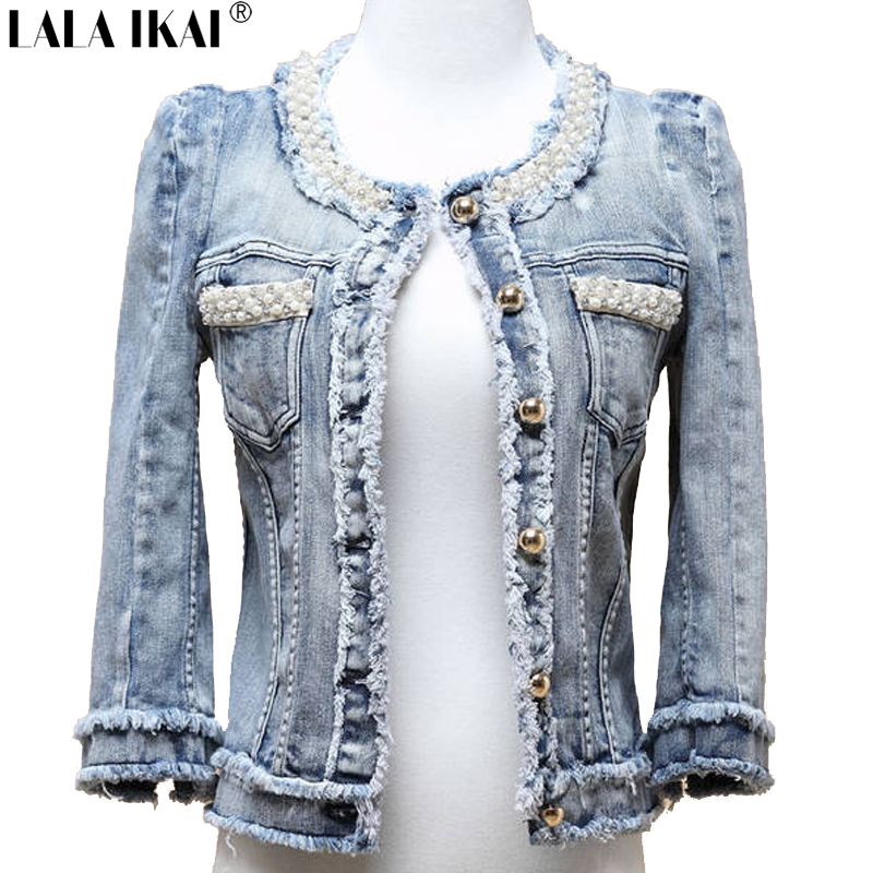 Wholesale Women Pearl Jacket Distressed Short Denim Coat Fringe Jeans Women&#39;S Jacket Beading ...