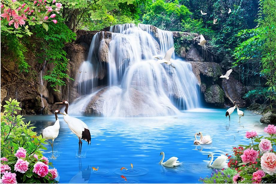 Scenery Wallpaper Crane Peony Waterfall Water Scenery Wall 