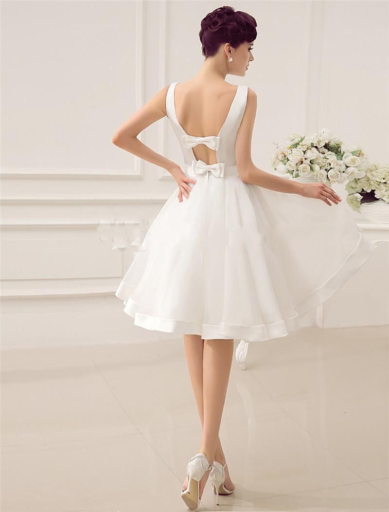 2017 Simple Cheap Short Wedding Dresses Ball Gown Bateau Open Back Bows