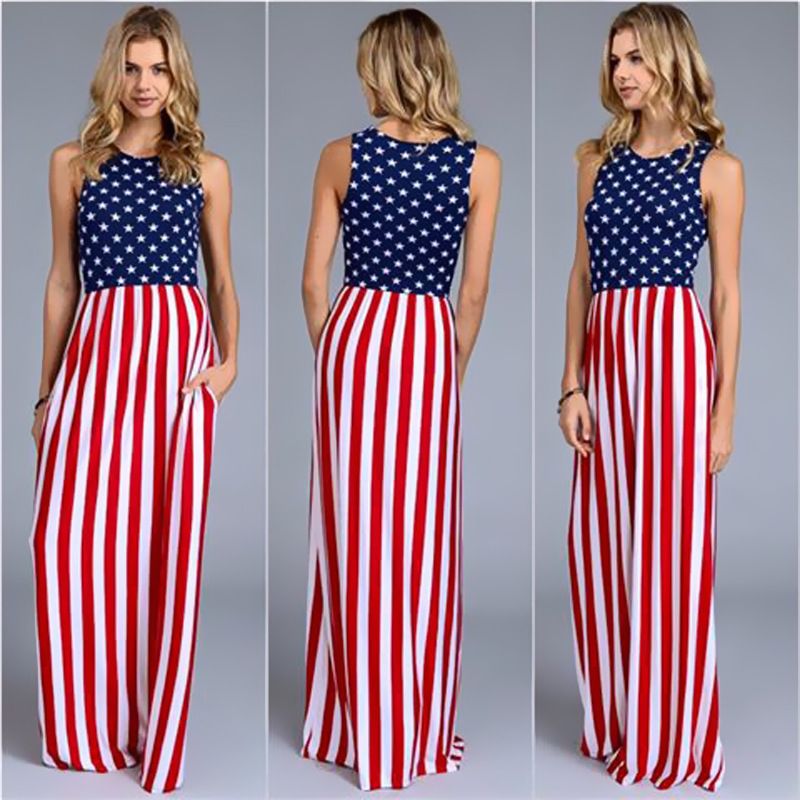 Independence Day Gift Women'S American Flag Maxi Long Dresses Plus Size ...