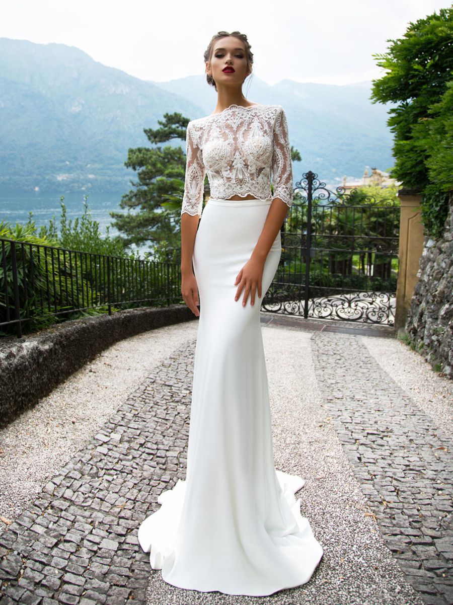 Acquistare Maniche Mezze Due Pezzi Abiti Da Sposa Sirena 2017 Milla Nova Abiti  Da Sposa Nozze Abito Corpetto Abito Satinato Con Treno Cappella Economico |  Consegna Veloce E Qualità | DHgate Italy