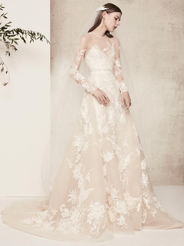 compre 2018 elie saab vestidos de novia de encaje de manga larga de