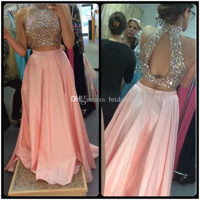 Compra Dos Pedazos Vestido De Fiesta 2017 Diseño Único Cuello Alto Cuello  Con Cuentas Melocotón Rosa Satinado Tarde Vestido Fiesta Fiesta Largo  Casero Vestidos Barato | Entrega Rápida Y Calidad | Es.Dhgate