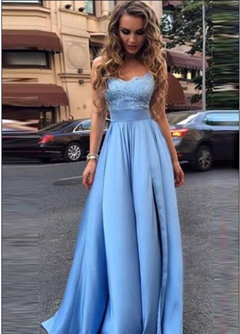 light blue strapless prom dress