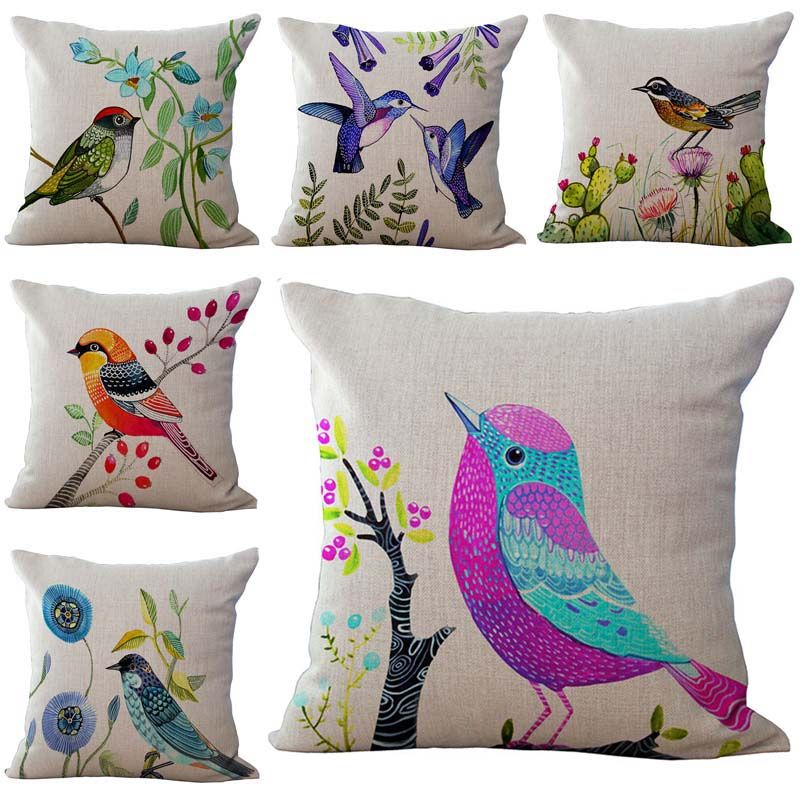 Fresh Colorful Birds Pattern Pillow Case Cushion Cover Linen Cotton