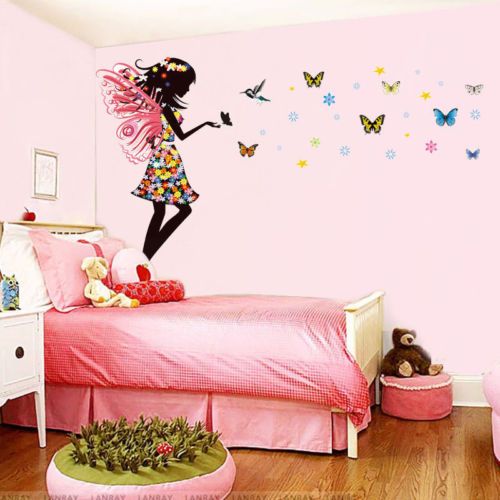 fairy girl colorful butterflies wall sticker vinyl mural nursery bedroom  decor