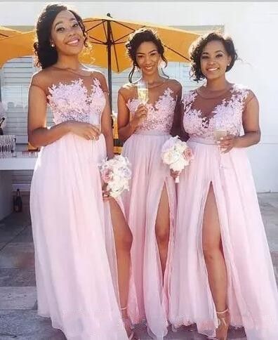 Pink Long Chiffon Bridesmaid Dresses 2019 Short Sleeves Lace Top