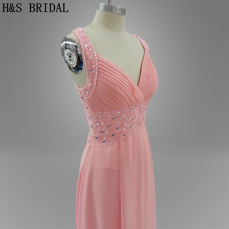 Light Pink Chiffon V Prom Dresses Long Elegant Halter Beading Formal ...
