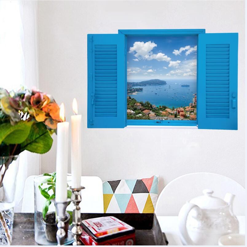 sk9060 warm romantic blus false window scenery sea 3d wall stickers