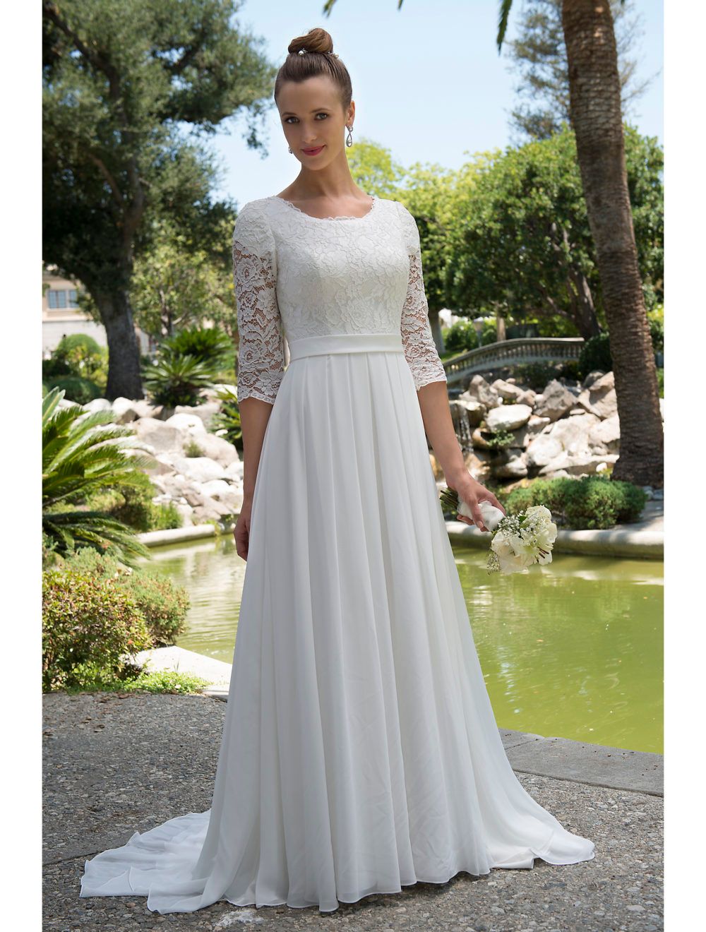 Discountinformal Lace Chiffon Modest Beach Wedding Dresses