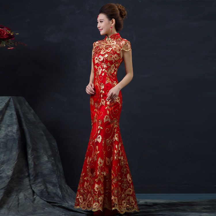 HF819 Red Chinese  Wedding  Dress  Female Long Short Sleeve 