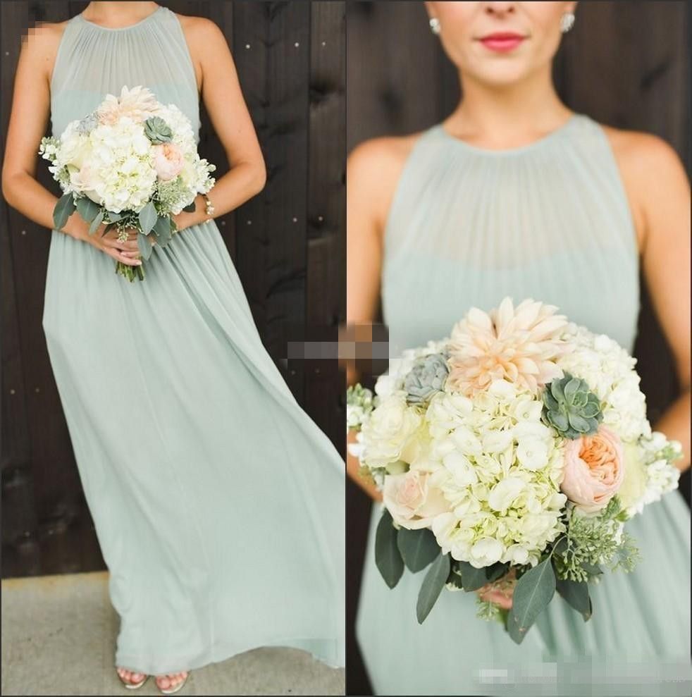 2019 Elegant Plus Size Sage  Green  Chiffon Long Bridesmaid  