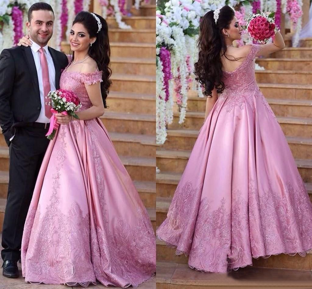 Princess Off Shoulder Lace Evening Dresses Dubai Pink Long