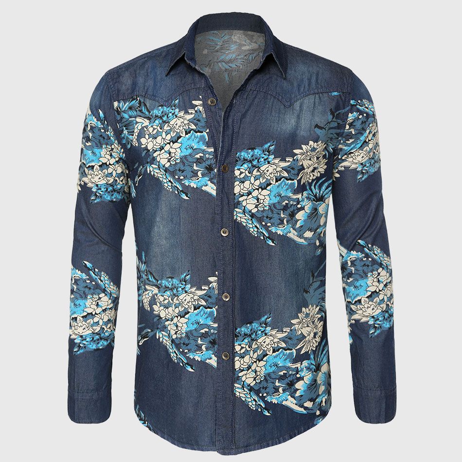 2020 Wholesale Floral Denim Shirt Men Flower Print Shirt Jeans Male ...