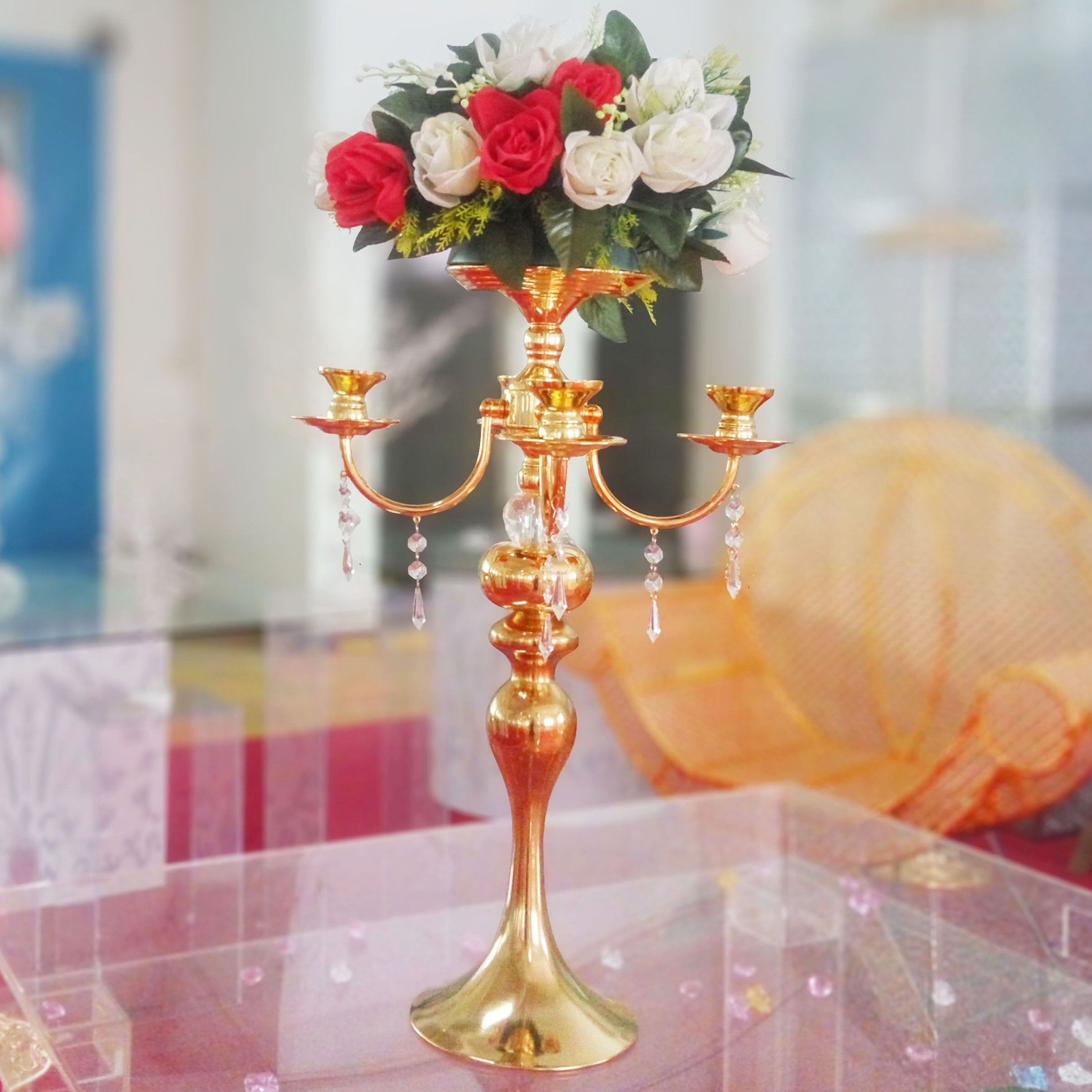 58cm Gold 5 Arms Crystal Candelabra Candle Holders Wedding Centerpiece