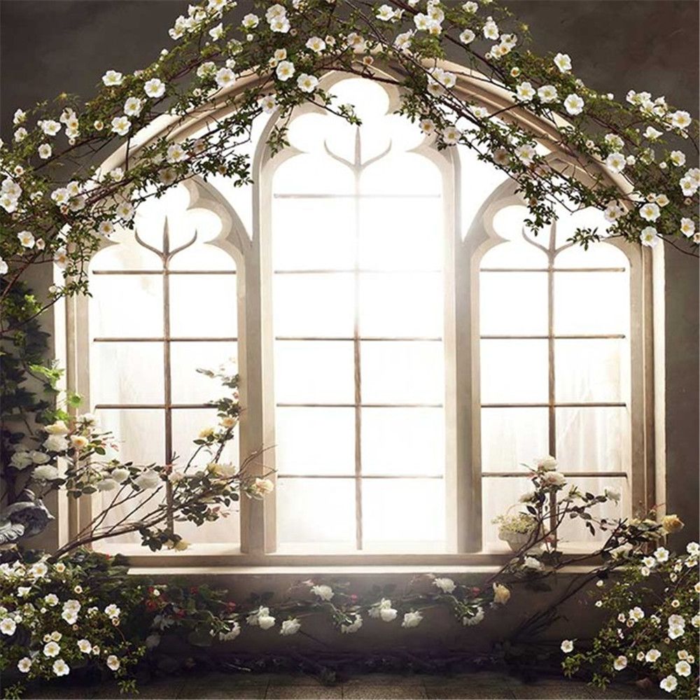 2018 Romantic Wedding Photo Studio Backdrop French Window White Flowers