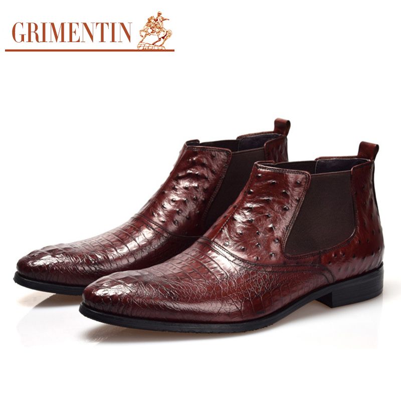 GRIMENTIN Hot Sale Luxury Brand Mens Boots Genuine Leather Ostrich