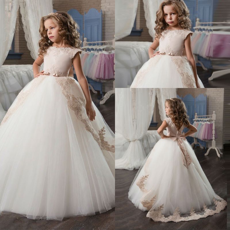 Champagne Flower Girl Dresses with Sash Lace Appliques Custom Made Ball ...
