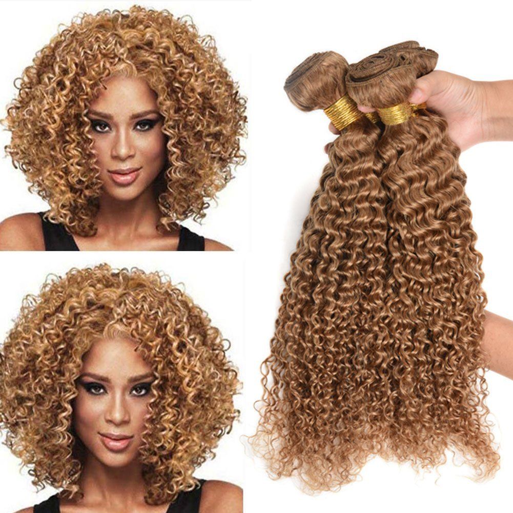 #27 honey blonde curly human hair 3 bundles light brown kinky curly  brazilian virgin human hair strawberry blonde remy hair weave wefts