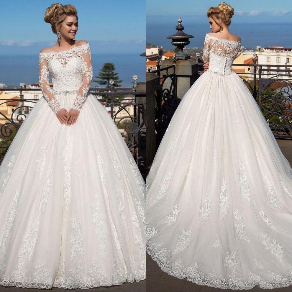 Ivory Vintage Lace Ball Gown Wedding Dresses With Sleeves Off The ...