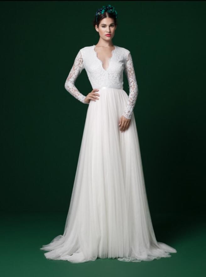 long sleeve lace wedding dress with tulle skirt