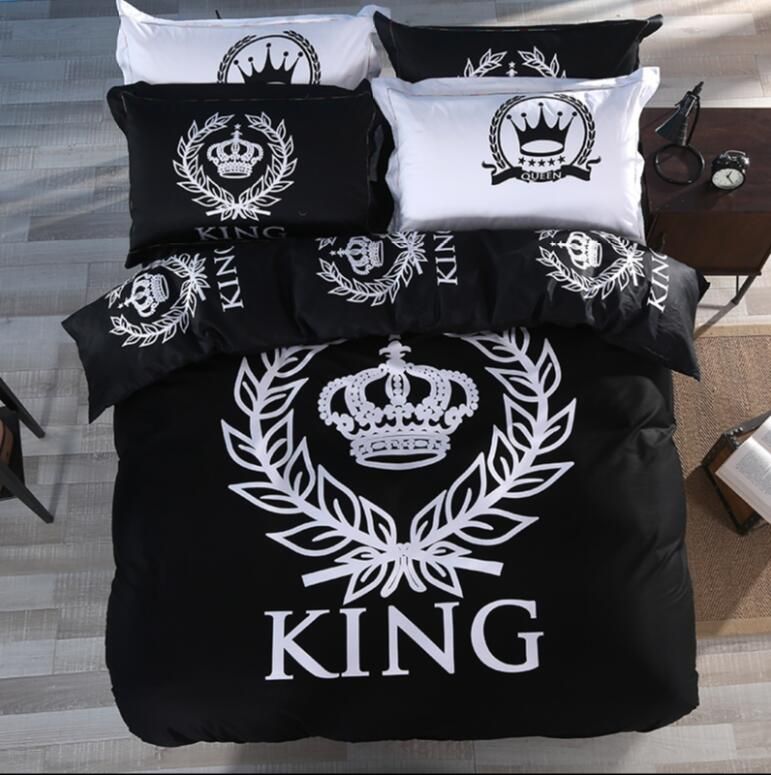 Brief Black And White Home Textile Crown Bedding Set King Queen Size Brief Black And White Home Textile Crown Bedding Set King Queen Size 100 Cotton Bed Cover Duvet Bedsheet Pillowcase Cute