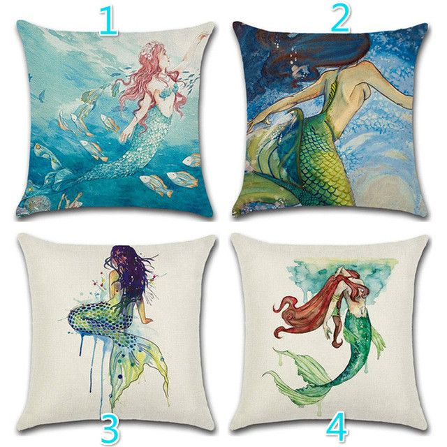 16 Styles Little Mermaid Pattern Square 18x18inch Sofa Decorative Throw Pillow Case Home Cotton Line Cushion Cojines Covers