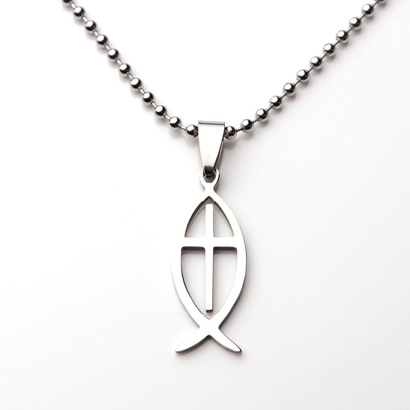 Wholesale New Titanium Steel Cross Jesus Fish Pendant Necklace Catholic