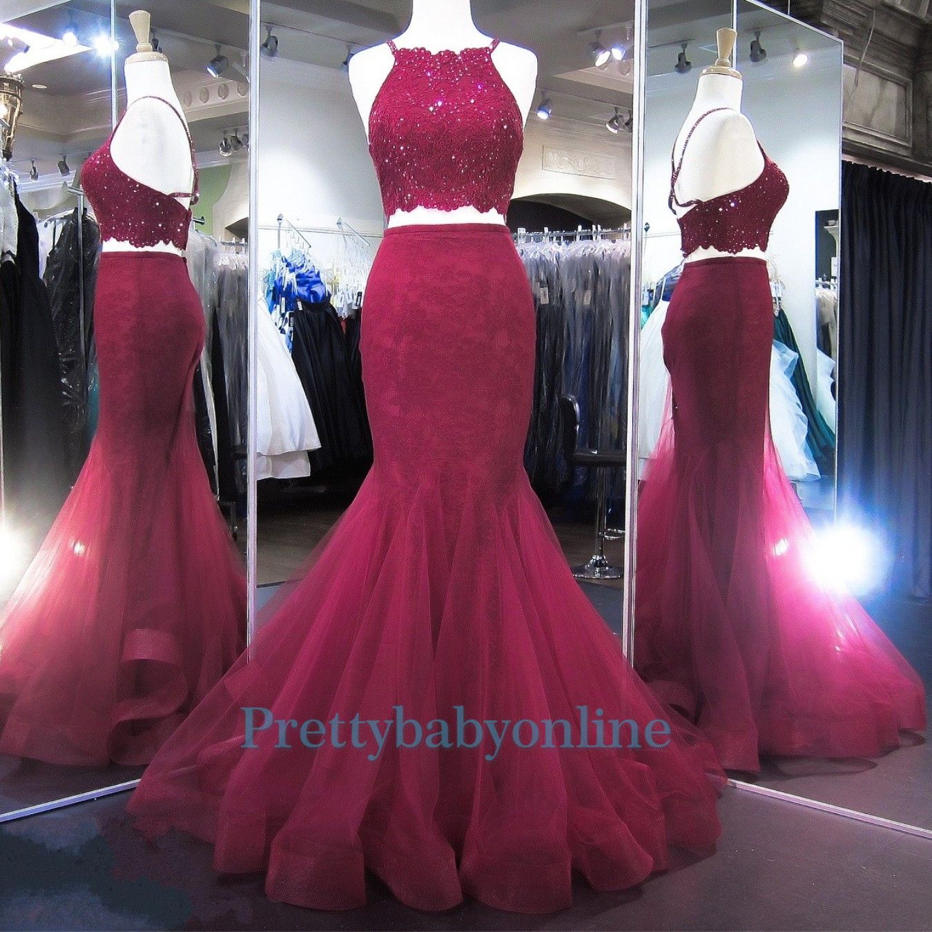 burgundy fishtail prom dress