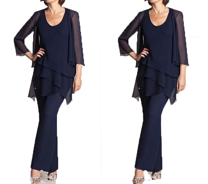 Navy Blue Chiffon Three Pieces Mother Of The Bride Pant Suits Jackets ...