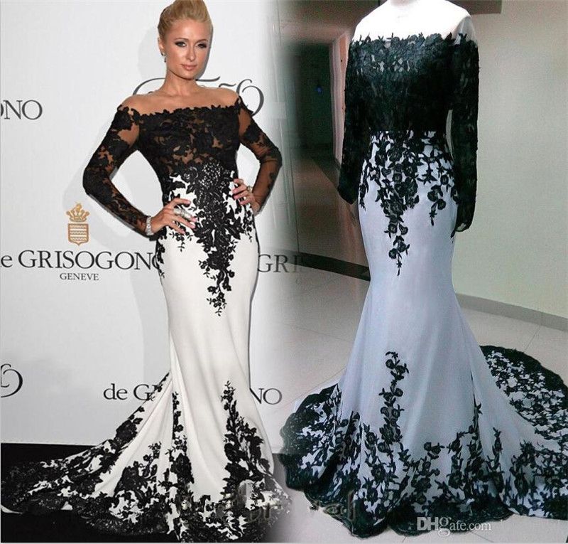 Acquista Red Carpet Mermaid Abiti Da Sera 2019 Vestito Da Sera Bianco E Nero  Sheer Maniche Lunghe Pizzo Abiti Da Cerimonia Elie Saab Abito Celebrità A  166,71 € Dal Okokbridal | It.DHgate.Com