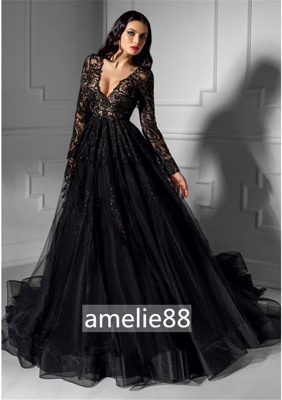 Elegant Black Lace Long Sleeve Wedding Dresses 2017 V Neck
