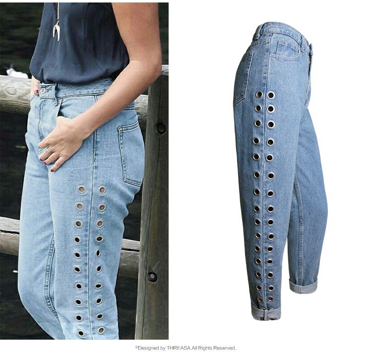 2020 2017 Fashion Rivets Ripped High Waist Jeans Straight Eyelet Detail