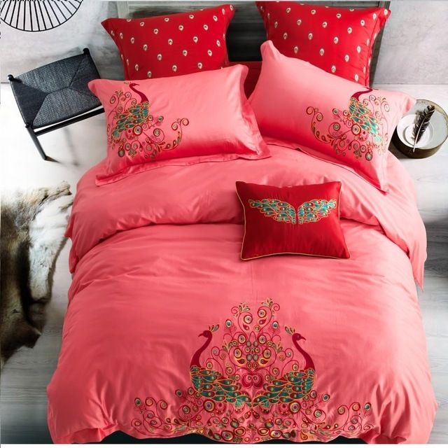 100 Cotton Dark Red Peas Embroidery Bedding Set Lace Duvet Cover 100 Cotton Dark Red Peas Embroidery Bedding Set Lace Duvet Cover Bed Sheet Pillowcase Linen Bedclothes King Queen Sets