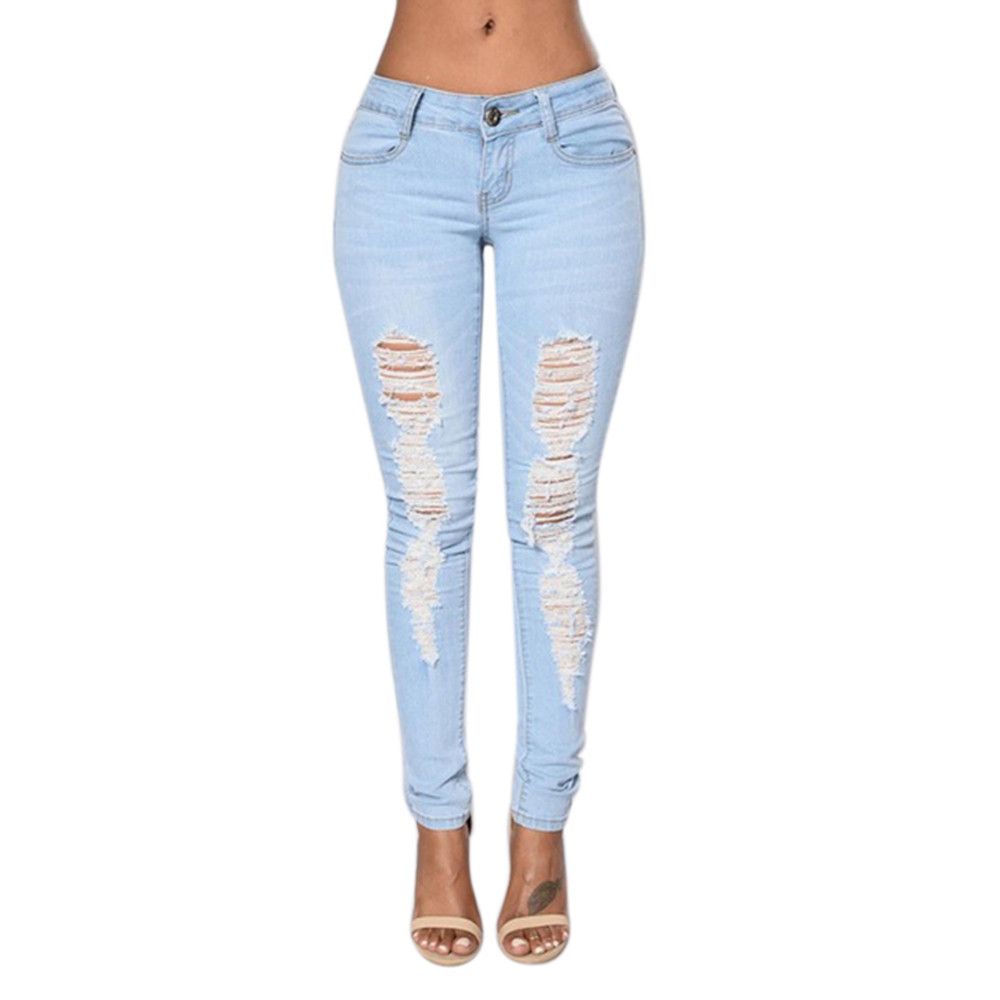 2019 2017 Fashion Ladies Casual Denim Pants Women Stretch Bleach Ripped ...