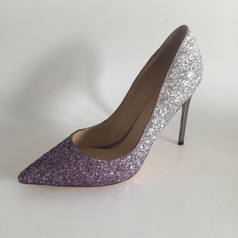 Silver Purple Glitter Wedding Shoes Pointed Toe Stilettos High Heels