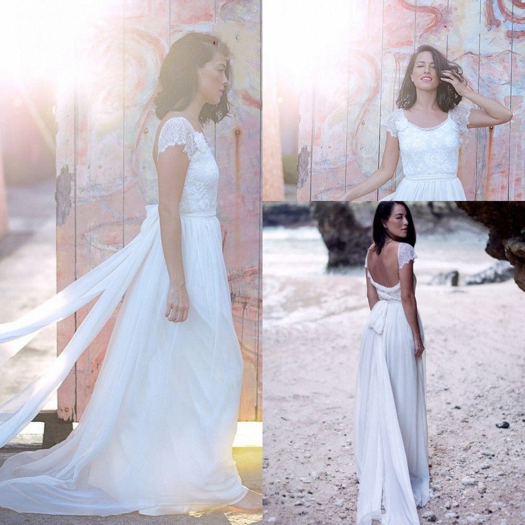Casual Beach Wedding Dress Short Sleeves Backless Chiffon Boho