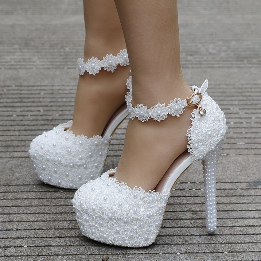 White Lace Wedding Shoes Pumps Pearls Heels Women High Heels Wedding ...