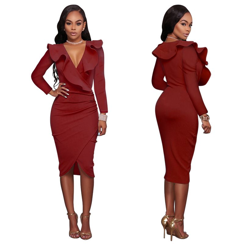 2019 Sexy Bodycon Dress V Neck Knee Length Clothing One Piece Long Sleeve Pencil Maxi Ladies