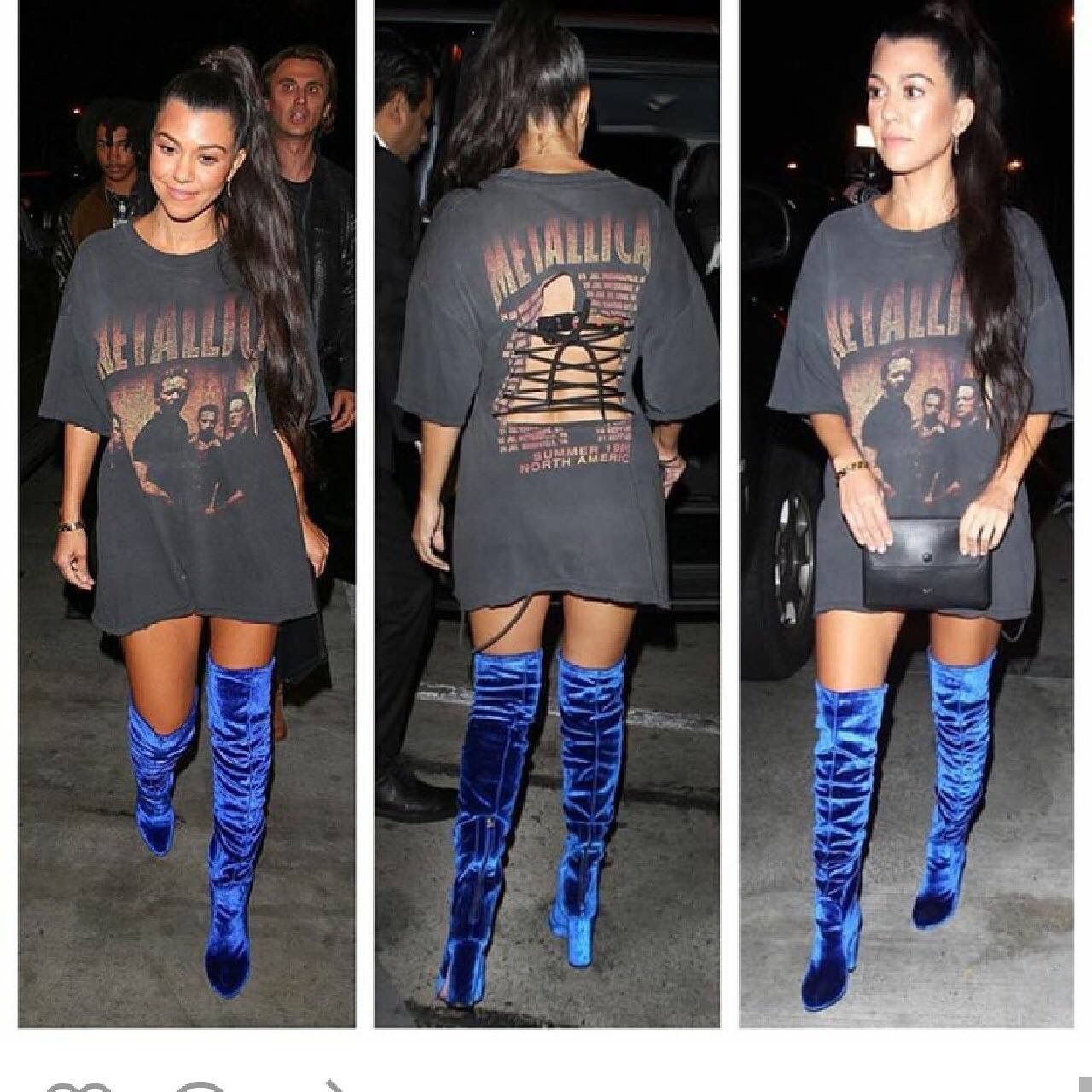 blue velvet thigh high boots outfit