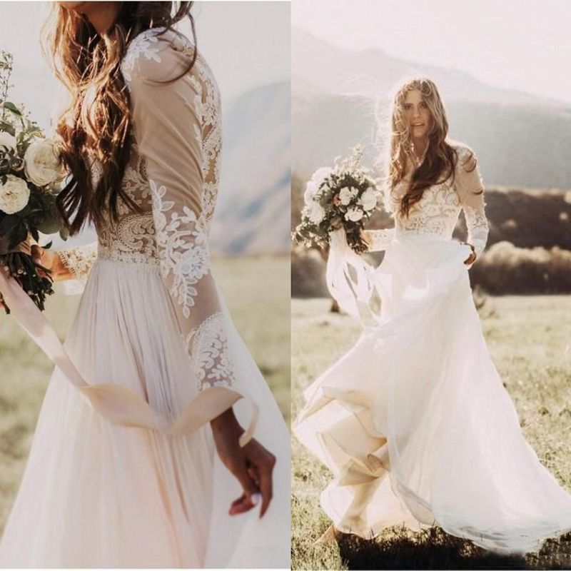 Bohemian Country Wedding Dresses With Sheer Long Sleeves Bateau Neck