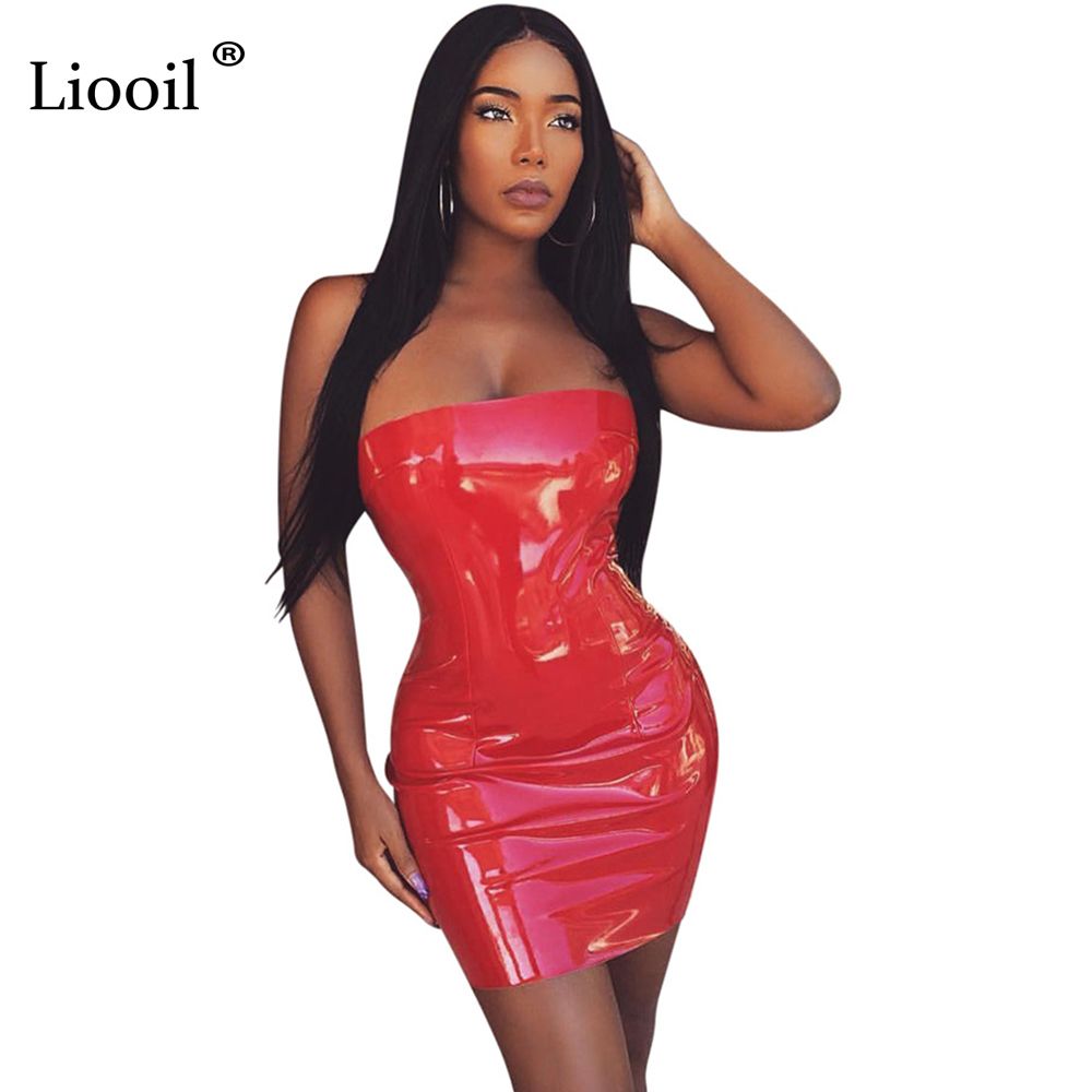 Liooil Strapless Pu Leather Party Dresses Red Sleeveless Backless