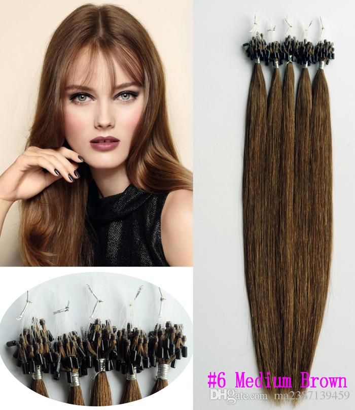Micro Ring Hair Extensions Brazilian Remy Human Hair Medium Brown Nano