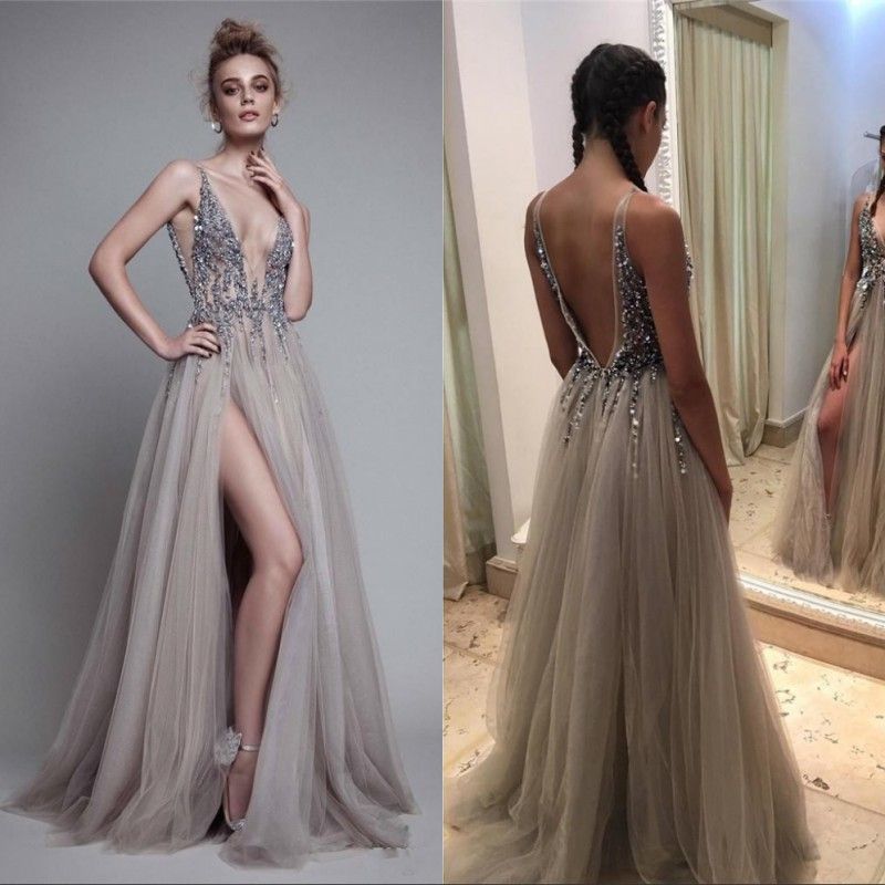 Paolo Sebastia Sexy Beads Thigh Split Prom Dresses Plunging Neckline Appliques Backless Evening Gowns Floor Length Tulle Evening Party Dress Lace Prom ...