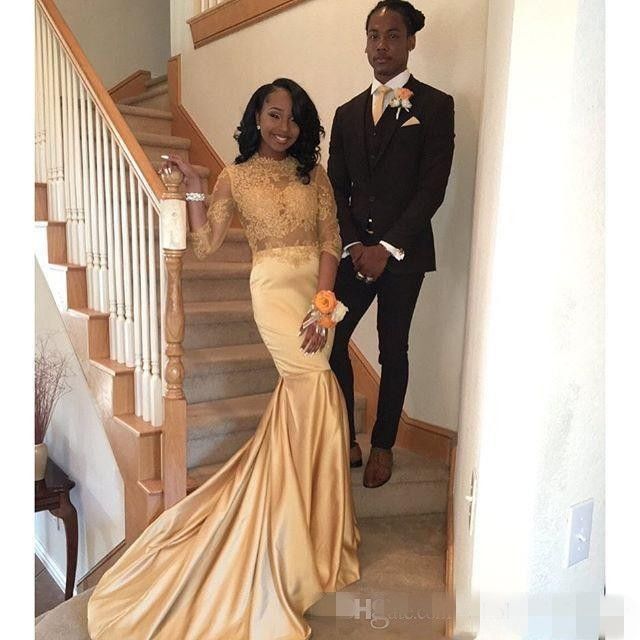 Stunning Gold Sweep Train Prom Dresses 2k17 Fashion African Americans Long Sleeves Party Evening Gowns See Through Appliques Stretch Satin Black And White Prom Dress Black Short Prom Dresses From Alberta Dress 76 79