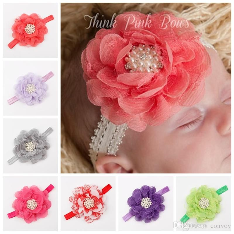 Baby Girls Headbands Big Flowers Kids Lace Chiffon Rhinestone Pearl
