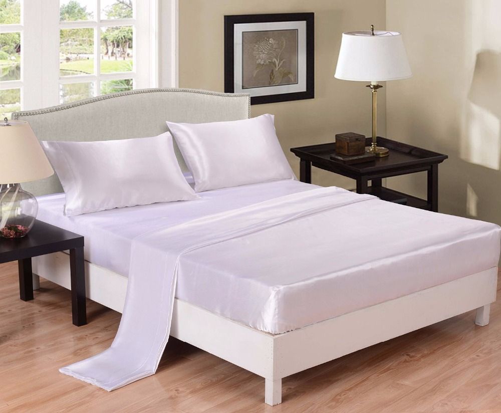 WholesaleWhite Satin Bed Sheet Set Wrinkle Free Super Silky Soft