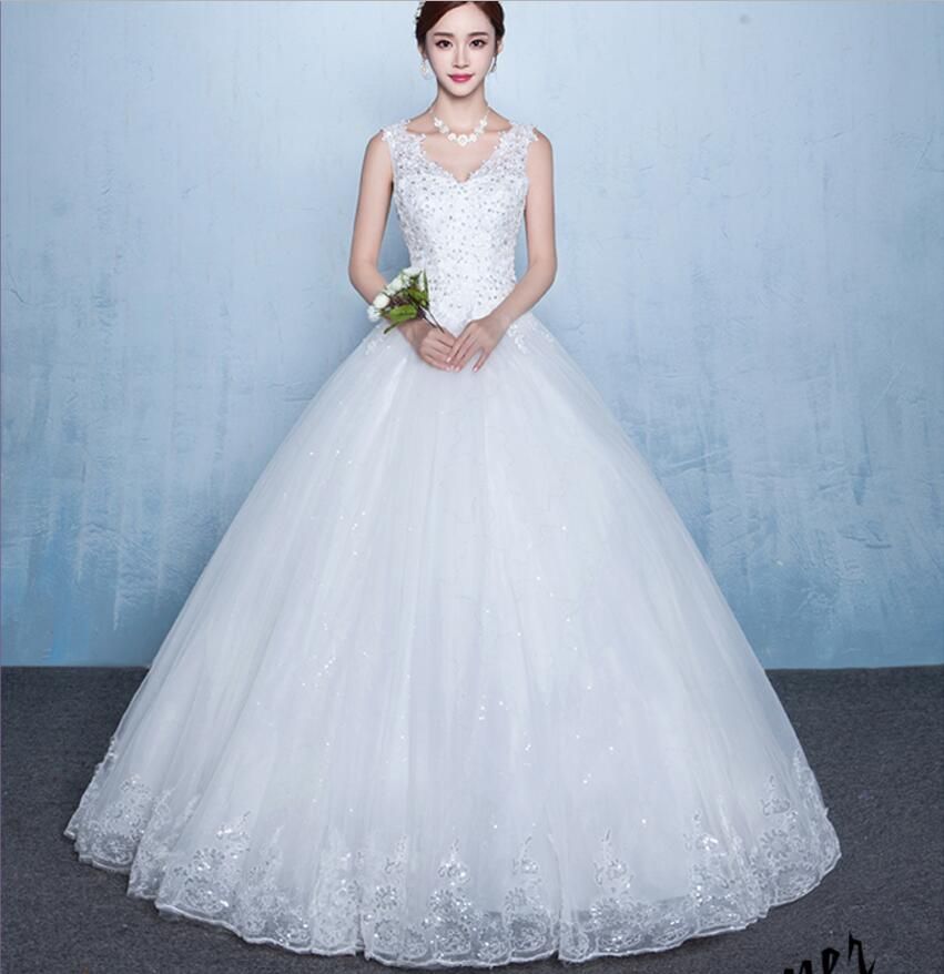 Cheap Ball Gown  Wedding  Dress  V Neck White Lace Appliques 