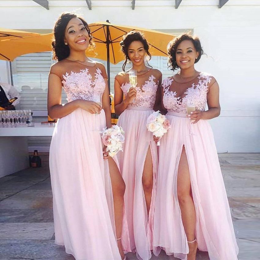 2019 Pink Chiffon Bridesmaid  Dresses  Sheer Neck Cap 