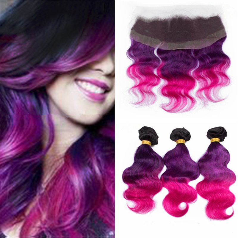 2019 Indian 1b Purple Pink Ombre Virgin Hair With Lace Frontal